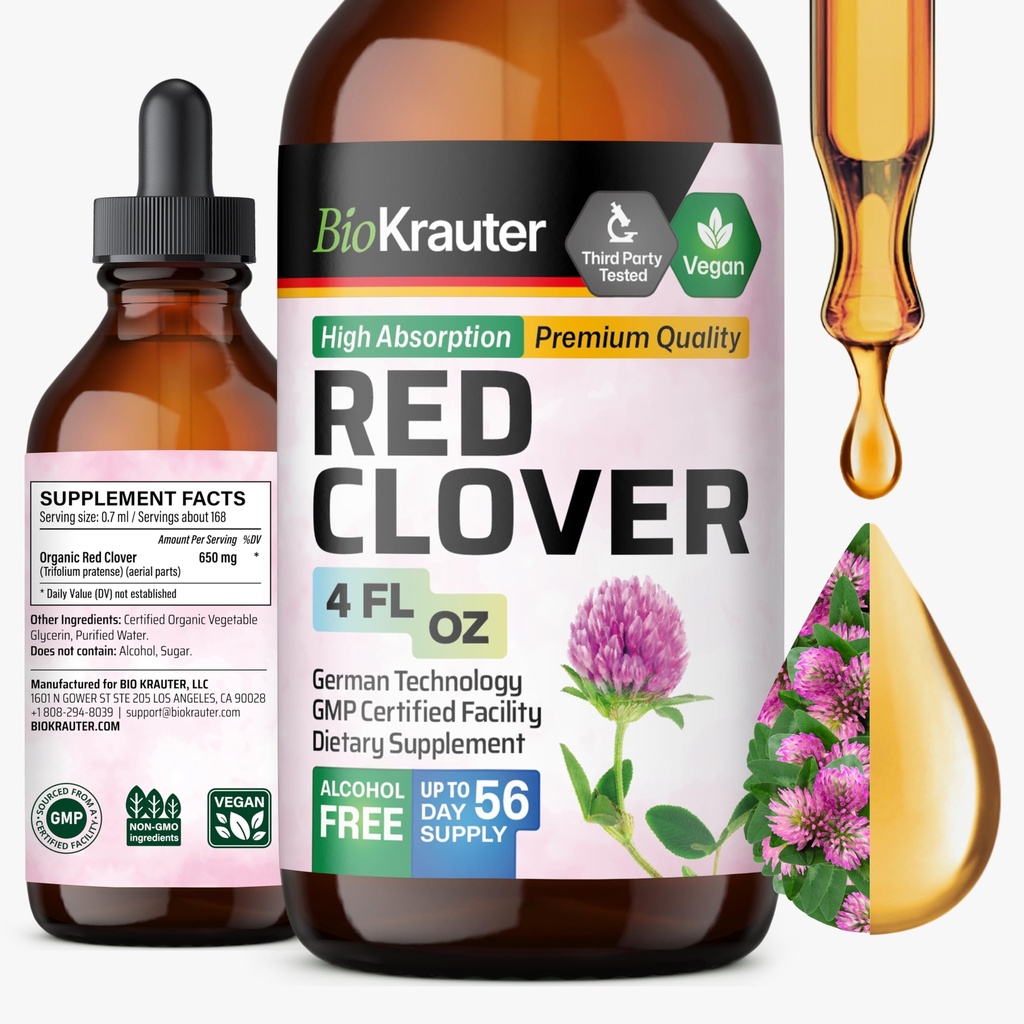 BIO KRAUTER Red Clover Tincture - Red Clover Extract - Liquid Supplement for Women's Support - Alkohol und Zuckerfrei - Vegan Drops 4 Fl.Oz.