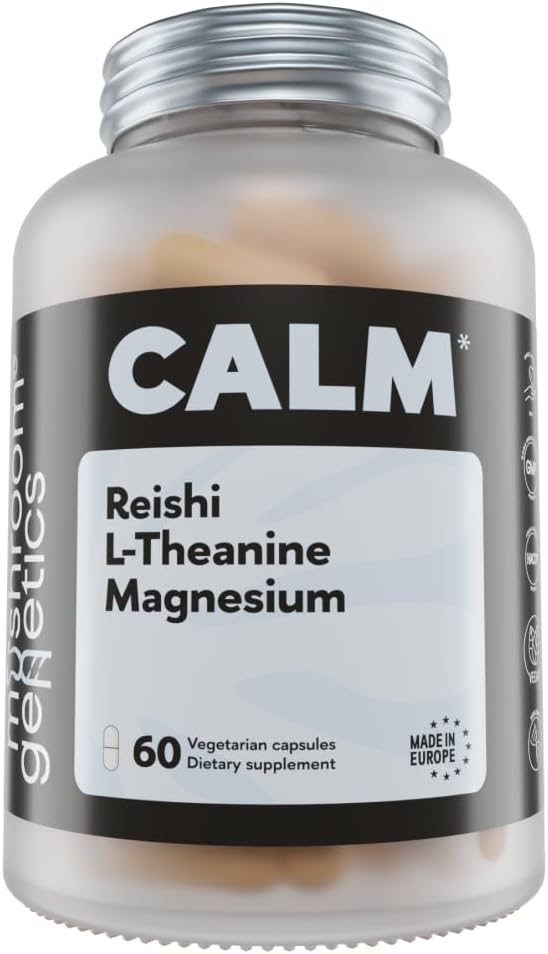 Mushroom Genetics Reishi, L-theanine & Magnesium Supplemento – Adaptogenic Mushroom Capsules | Stress Relief Supplement per il relax, sonno & Immune Salute | Brain Wellness Support | 60 Capsule