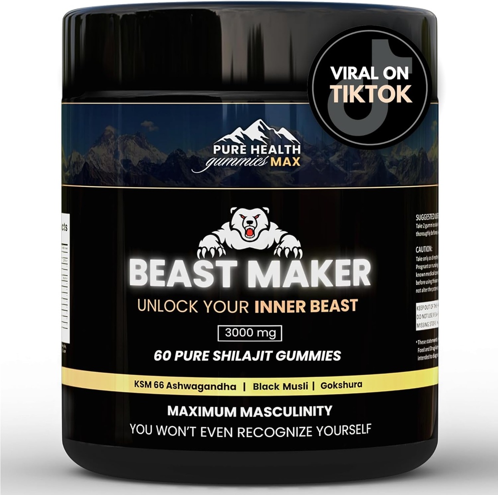 Beast Maker - Pure Shilajit Gummies für Männer | Natürliche Himilayan Organic Shilajit Authentic Male Enhancement Supplement mit Ashwagandha, Black Musli, Gokshura | 60 Gummies