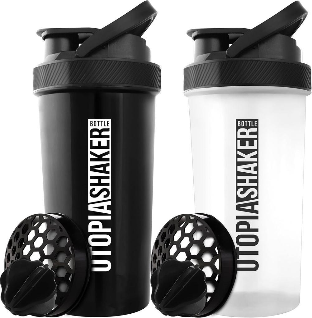 Utopia Home Protein Shaker Bottle - (Pack of 2) 28-Ounce Shaker bottles For Protein Mixes - Fitness Sports Classic Protein Mixer Shaker Bottle (Black & Clear/Black)