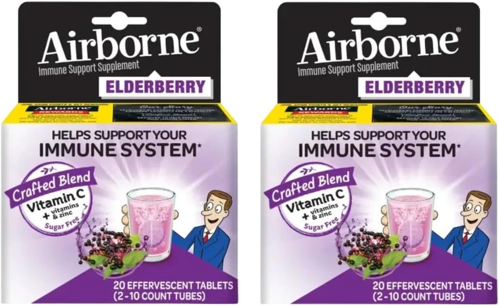 Elderberry Extract + Vitamin C 1000mg (pro Servieren) - Airborne Effervescent Tabletten (20ct), Glutenfreie Immununterstützungsergänzung, mit Vitaminen A C E, ZINC & Selen, Sugar Free (Pack von 2)