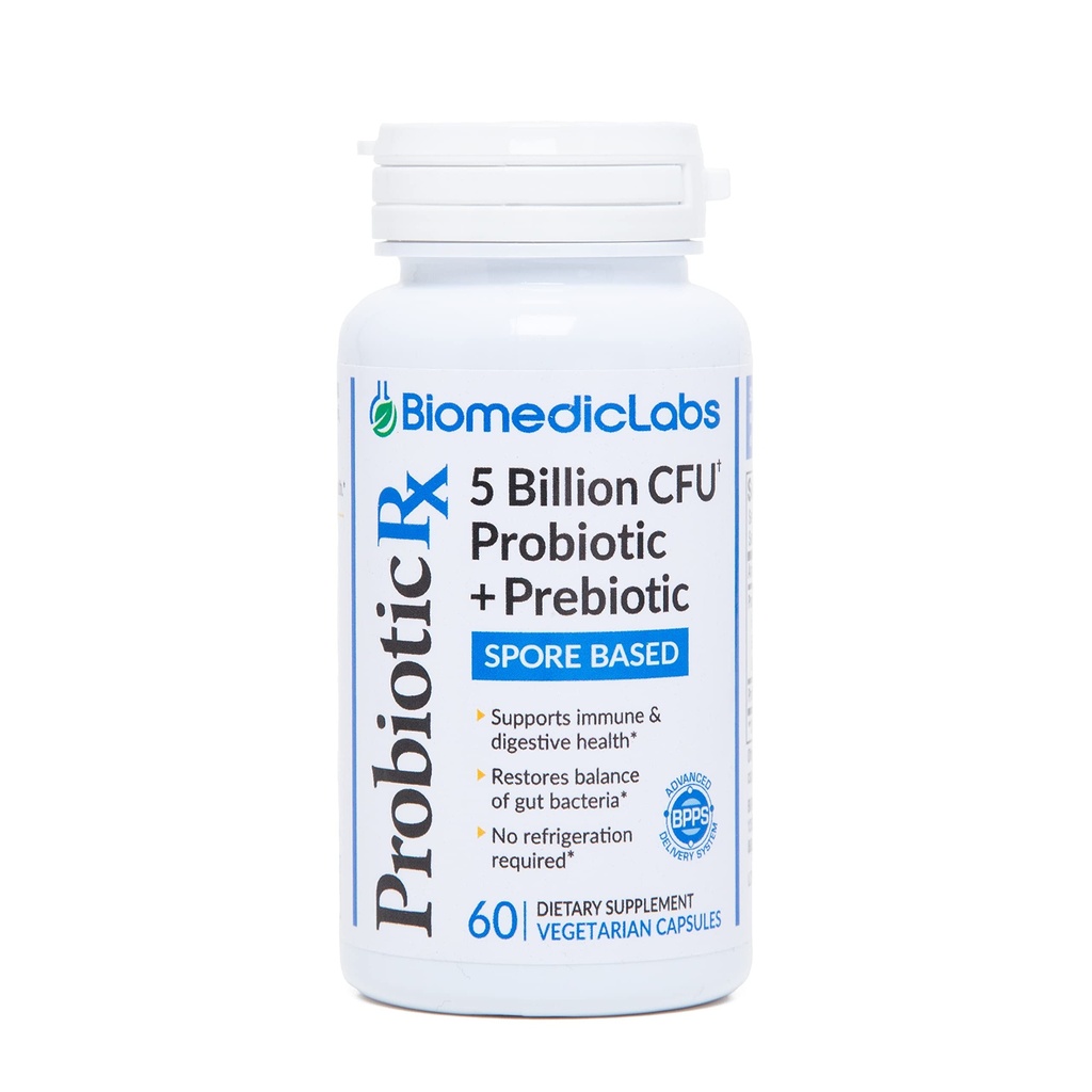 Probiotique Rx: 5 milliards UFC – Probiotique + Prébiotique - Spore-Based – 60 jours d'approvisionnement - SBO - Soutien à la santé immunitaire et des intestins - Organismes basés sur le sol - Pas de réfrigération requise