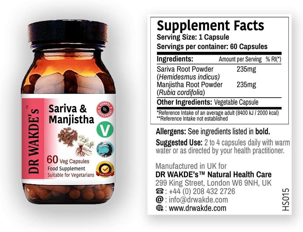 DR WAKDE'S Sariva & Manjistha Capsule (60 tappi di Veg, erbe di disintossicazione, Supporta la pelle sana, supplemento ayurvedico, Vegan, Herbal, tutto naturale, Made in UK)