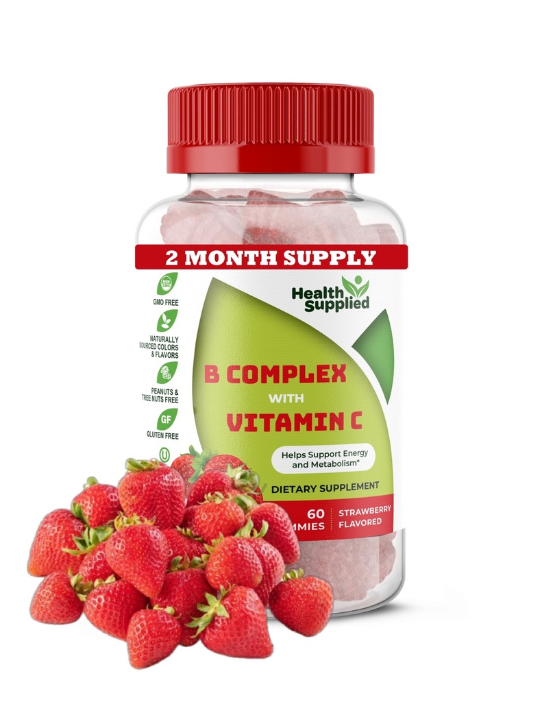 Erdbeer Flavored Vitamin B Complex Gummies - B Complex mit Vitamin C - Unterstützt Nervous System und steigert Energie Levels - Assists mit kognitiver Funktion - Große Verkostung und einfach zu schlucken