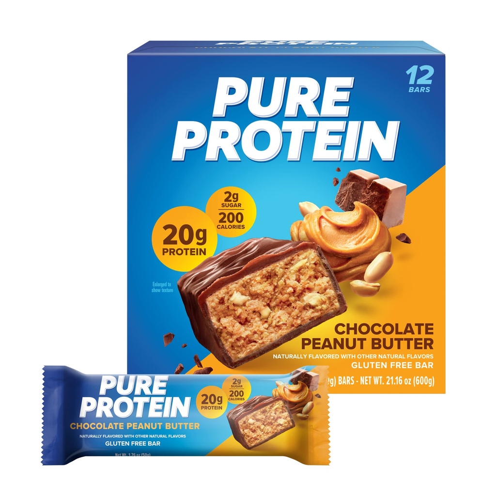 Pure Protein Bars, High Protein, Nutritious Snacks, um Energie zu unterstützen, Low Sugar, Glutenfrei, Schokolade Peanut Butter, 1.76oz, 12 Count (Packaging Mai Vary)