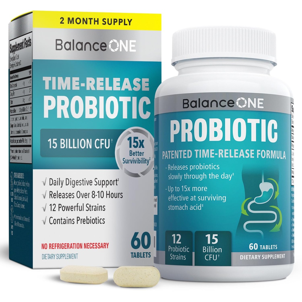 Balance ONE Probiotique pour les femmes et les hommes – Comprimés à libération prolongée pour 15x Survivabilité – Formule 12-Strain avec L. Plantarum & L. Acidophilus – Gut & Digestive Health Support – 60 comprimés