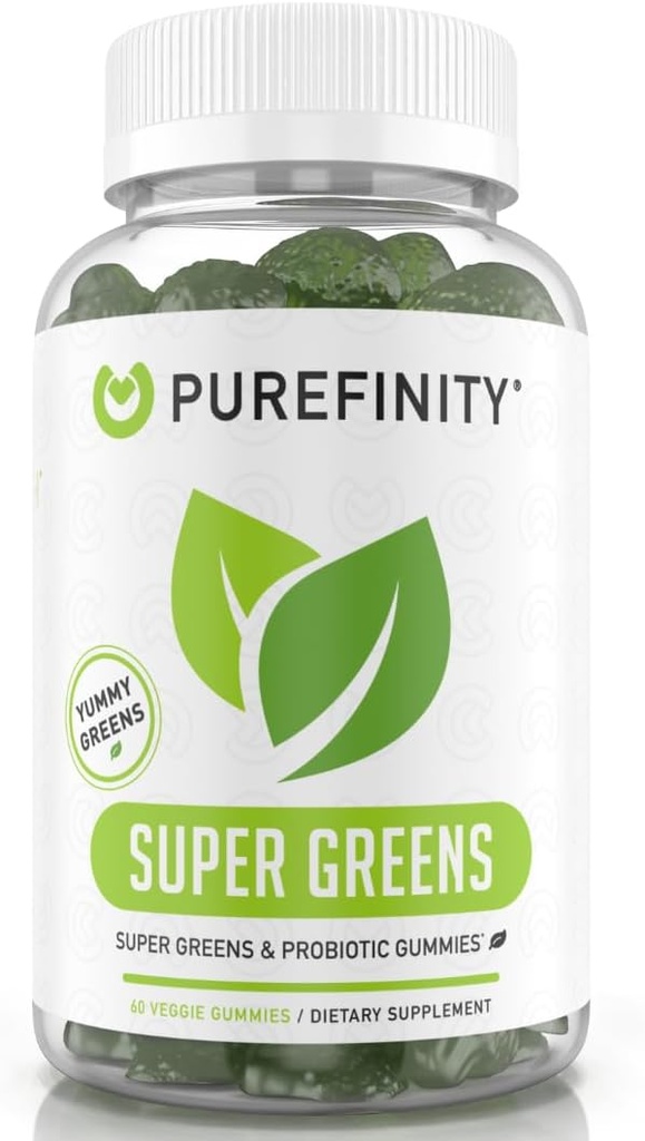 PUREFINITY Daily Super Greens Gummies avec Spiruline, Épinards, Brocoli, Racine de betterave, Acai, et autres légumes, supplément de légumes tout-en-un – Non-OGM, sans gluten, végétalien, 60 comte