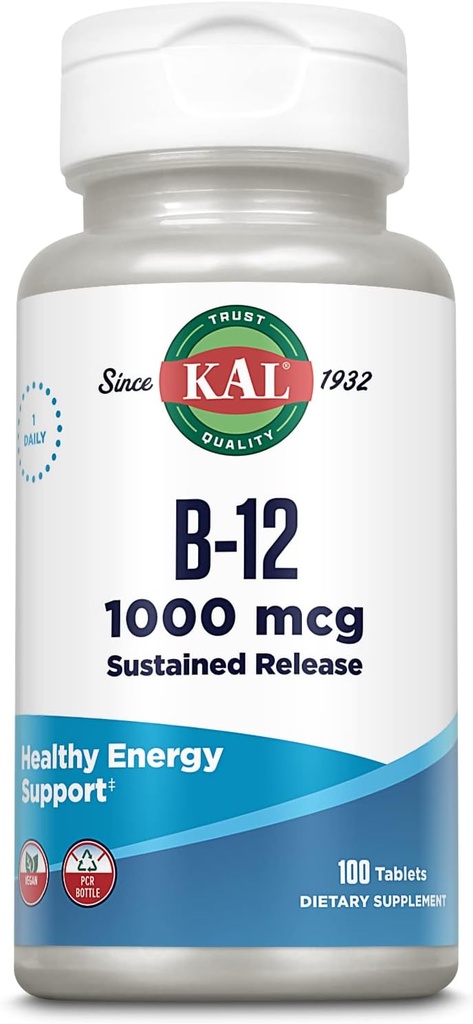 KAL Vitamin B12 1000mcg, Sustained Release Supplement für Gesunde Energie, Stoffwechsel, Herzgesundheit, Nerve und Red Blood Cell Support, Langlebige Formel, Vegan, 100 Portionen, 100 Tabletten