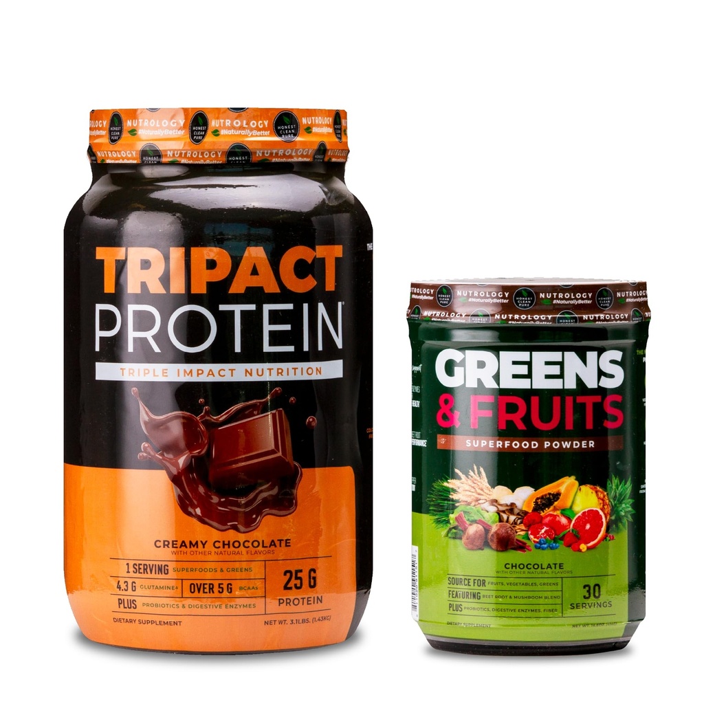 Nutrologie TRIPACT Protein Pulver, 7-in-1 Meal Ersatz Shake, Creamy Chocolate (40 Servierungen) Greens & Fruits Powder-Naturally Sourced Superfood, Schokolade (30 Servierungen)