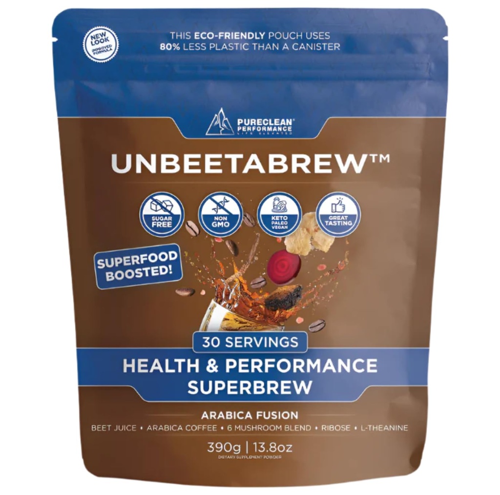 UNBEETABREW Bio Beetroot & Champignon Café – Plant-Based, Énergie avec Jus de Beet, Adaptogènes, L-Theanine & D-Ribose – Focus, Strength & Stamina – États-Unis Fabriqué avec Bio Arabica Haricots - 30 portions