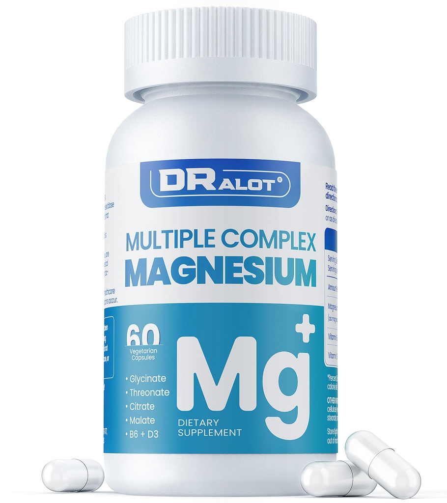 Quadruple Magnesio Supplemento, 400mg di Chelate Magnesium Glycinate, L-threonate, Citrate & Malate | Max Absorption Complex w/Vitamin D3 & B6, per Sleep Heart Muscles Nerves, Non-GMO, 60 Vegan Caps