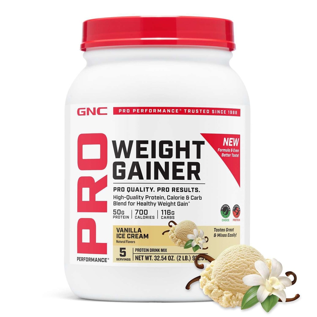 GNC Pro Performance Weight Gainer Protein Powder, 50g Protein, High Calorie, 700 Kalorien, Unterstützt Masse und Muskel-Recovery, MCT, BCAA, 3rd Party Getestet, Vanilla Ice Cream, 6 Portionen, 2,5 lbs