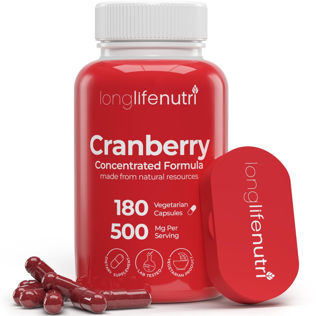 LongLifeNutri Cranberry Extrakt mit Vitamin C & E - Reine konzentrierte Formel, 500mg pro Portion, 180 vegetarische Kapseln, Urinary Tract Health & Bladder, 6 Monate Versorgung, Made in USA