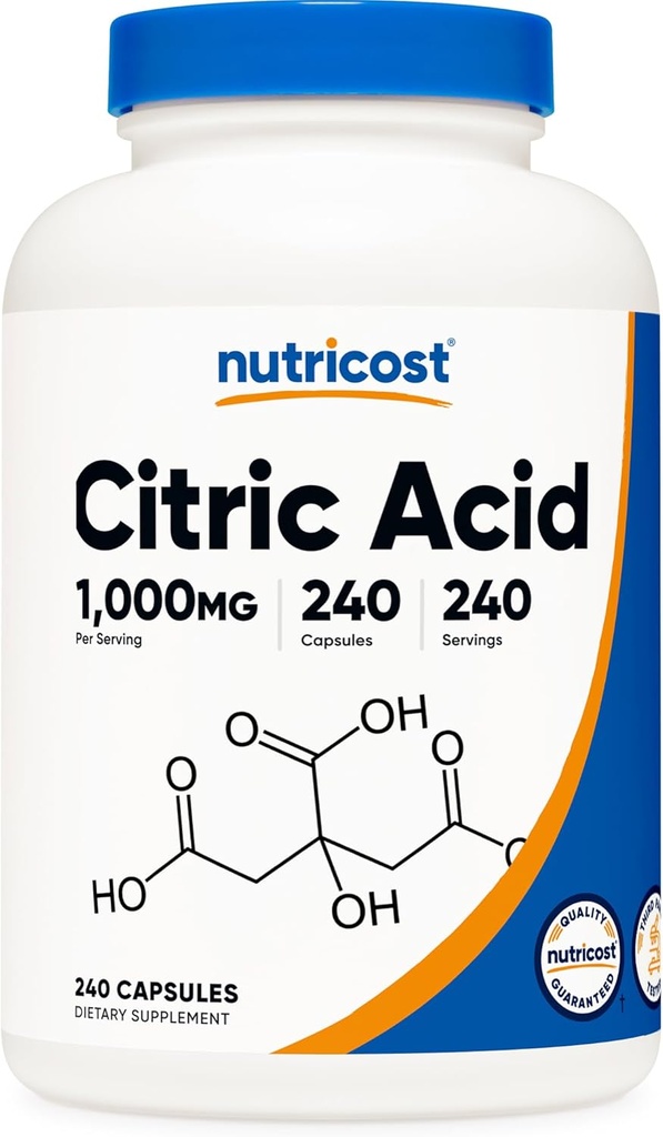 Nutricost Citric Acid 1000mg (1 Gramm), 240 Kapseln - Glutenfrei, Non-GMO