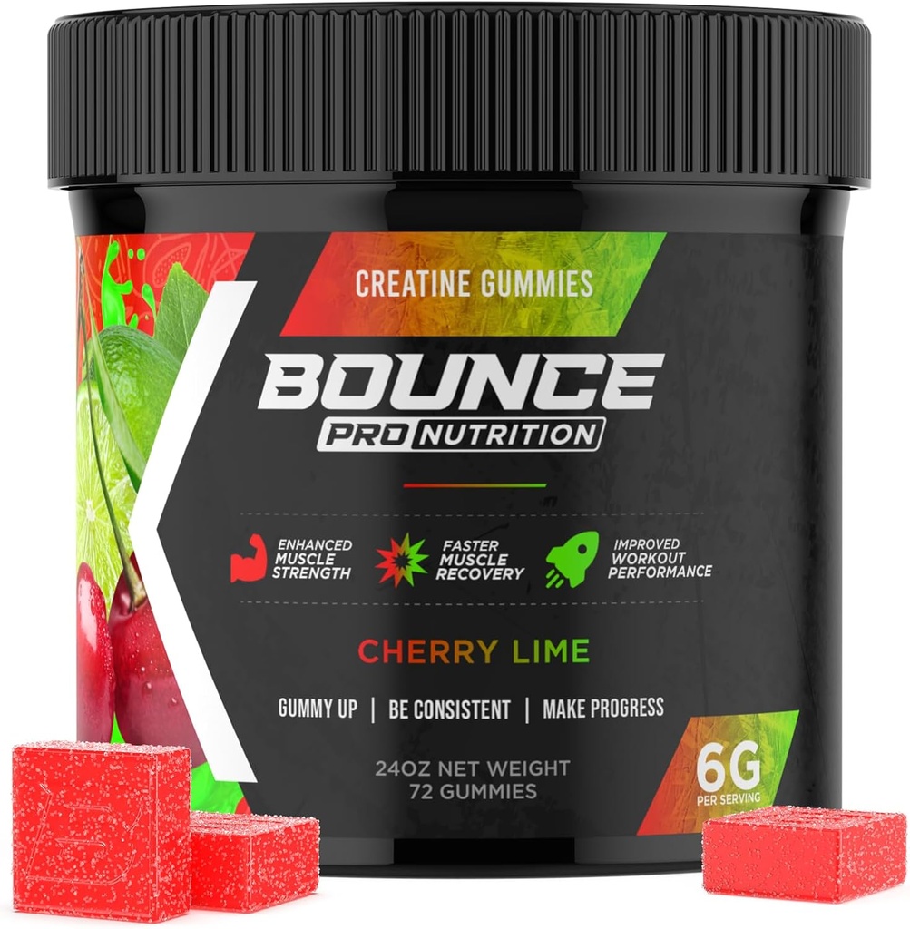 Bounce Pro Creatine Monohydrate Gummie für Männer & Frauen, Low Calorie, 6G Kreatin pro Servierung, Vegan, Anti-Melting, Glutenfrei, Non-GMO, 2g Kreatin pro Gummy (72ct, Cherry Lime)