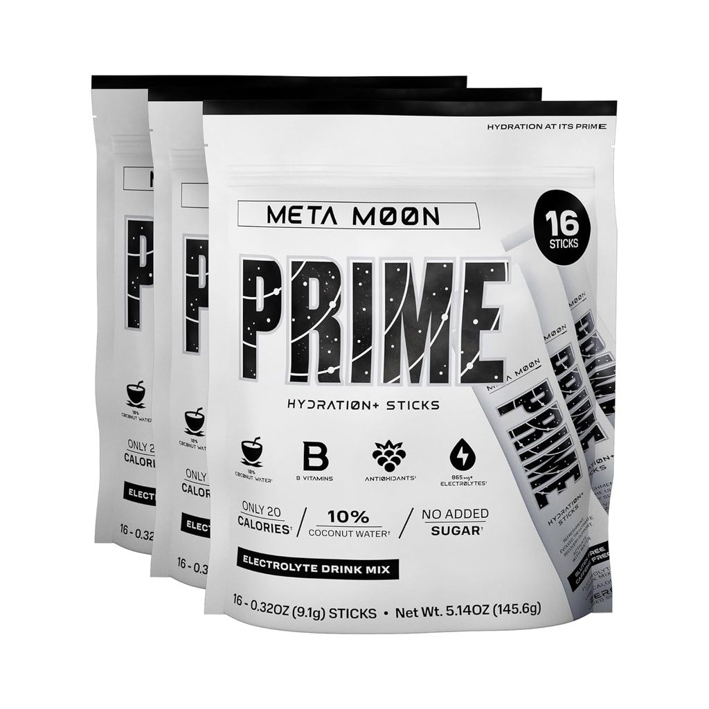 PRIME HYDRATION+ Sticks META Moon | Hydration Pulver Einzelne Servierstäbe | Elektrolytpulver auf dem Go | 250mg BCAAs, B Vitamine, Antioxidantien | Niedriger Zucker | Koffeinfrei | Vegan | 48 Sticks