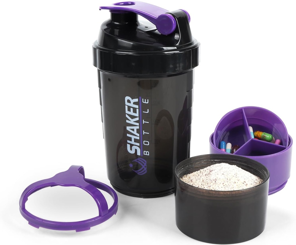 Shaker Bottiglia - Protein Shaker Cup con scomparti di stoccaggio - Bottiglie di allenamento a prova di perdite con Mixer per miscelatore di liscio-500ML/16oz (PURPLE & BLACK)