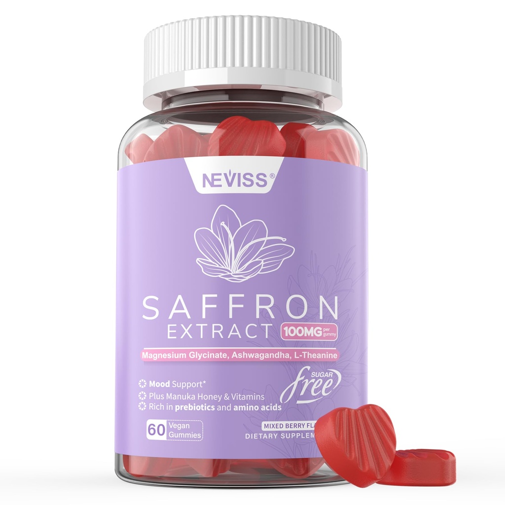 Integratori di zafferano Gummies 100mg - 100% puro di zafferano estratto con Magnesio Glycinate, L-teanina, curcuma, Ashwagandha, Honey & Vitamina B Complex per Mood & Power, Antiossidante, Vitalità - 60 Conte