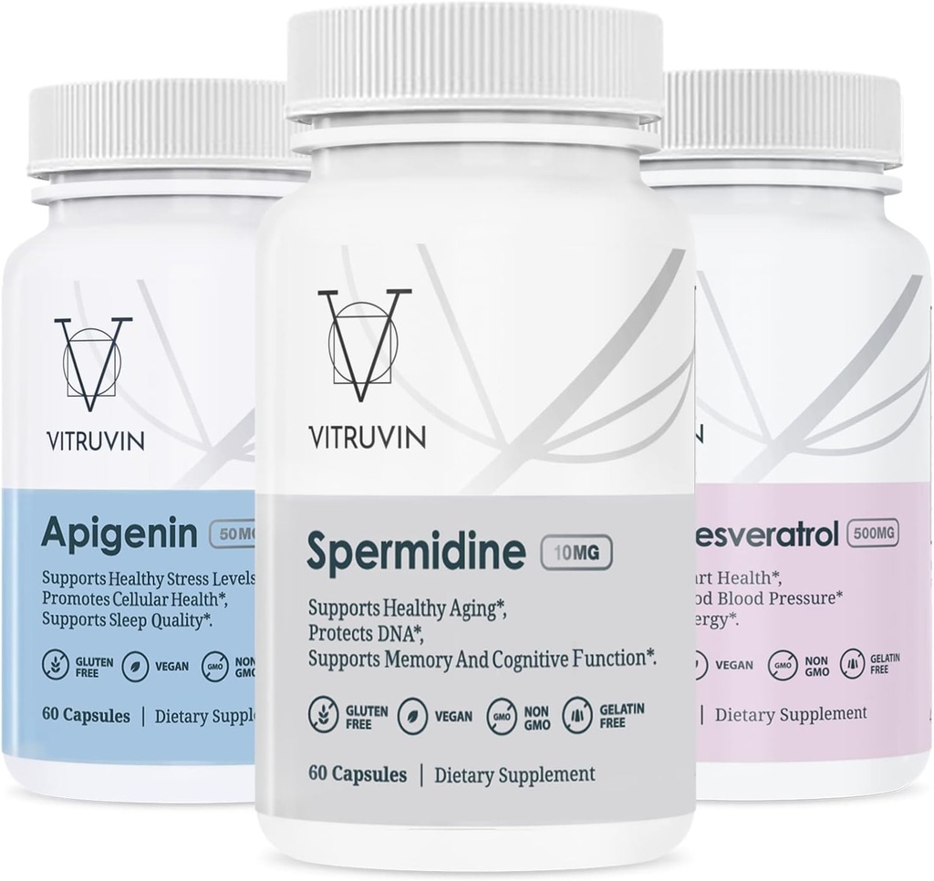 Vitruvin Longevity Plus (Spermidin 2x10mg, Apigenin 2x50mg, Resveratrol 500mg + Piperin 5mg) Vegan, Non-GMO, Gluten-Free, Gelatin-Free.