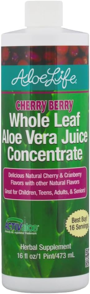 Aloe Life - Whole Leaf Aloe Vera Juice, Certified Organic, Gluten-Free (Cherry Berry, 16 oz)