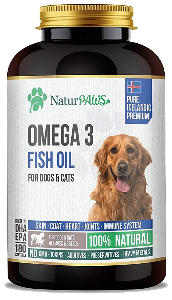 Omega 3 Fischöl-Ergänzung für Hunde und Katzen - 1000 mg reine DHA und EPA Omegas - Unterstützt gesunde Mantel und Haut, Herz, Immunsystem, Gelenke und Hip - 180 Softgels