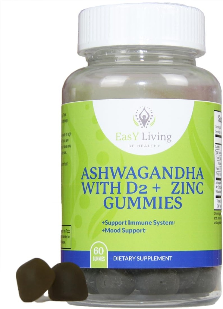 Ashwagandha 1500mg VitaminD2 200mcg Zinc 4mg Gummies pS for Stress Relief & Immune System Support|Vegan Non OGM Gluten Gelatin Free|60 Count