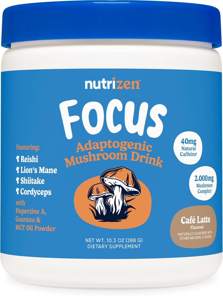 Nutricost Nutrizen AM Focus Boissons de champignons adaptogènes (Cafe Latte Flavored) 30 portions - Comprend Reishi, Lion's Mane, Shiitake, Cordyceps