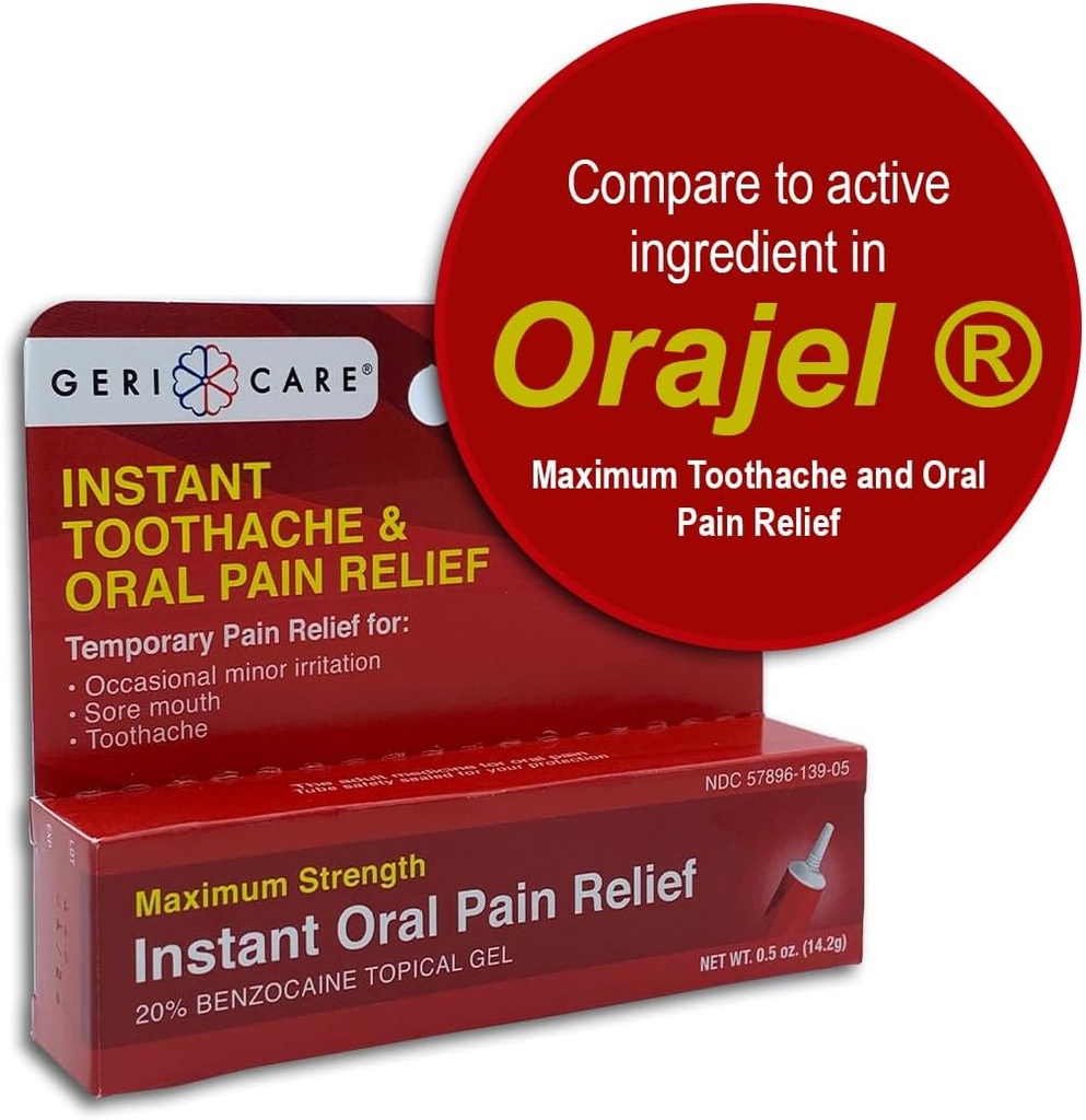 GeriCare Benzocaine 20% Maximum Strength Toothache & Oral Instant Pain Relief Gel 0.5 oz. Fast-Acting Numbing Schmerzen Behandlung für Zahnschmerzen, Gum Irritation, Sensitivität & Mouth Sores, (Pack von 1)