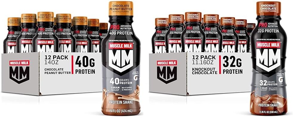 Muscle Milk Pro Series Chocolate Peanut Butter Protein Shake 40g Protein Pack von 12 & Pro Advanced Nutrition Knockout Chocolate Protein Shake 32g Protein Pack von 12