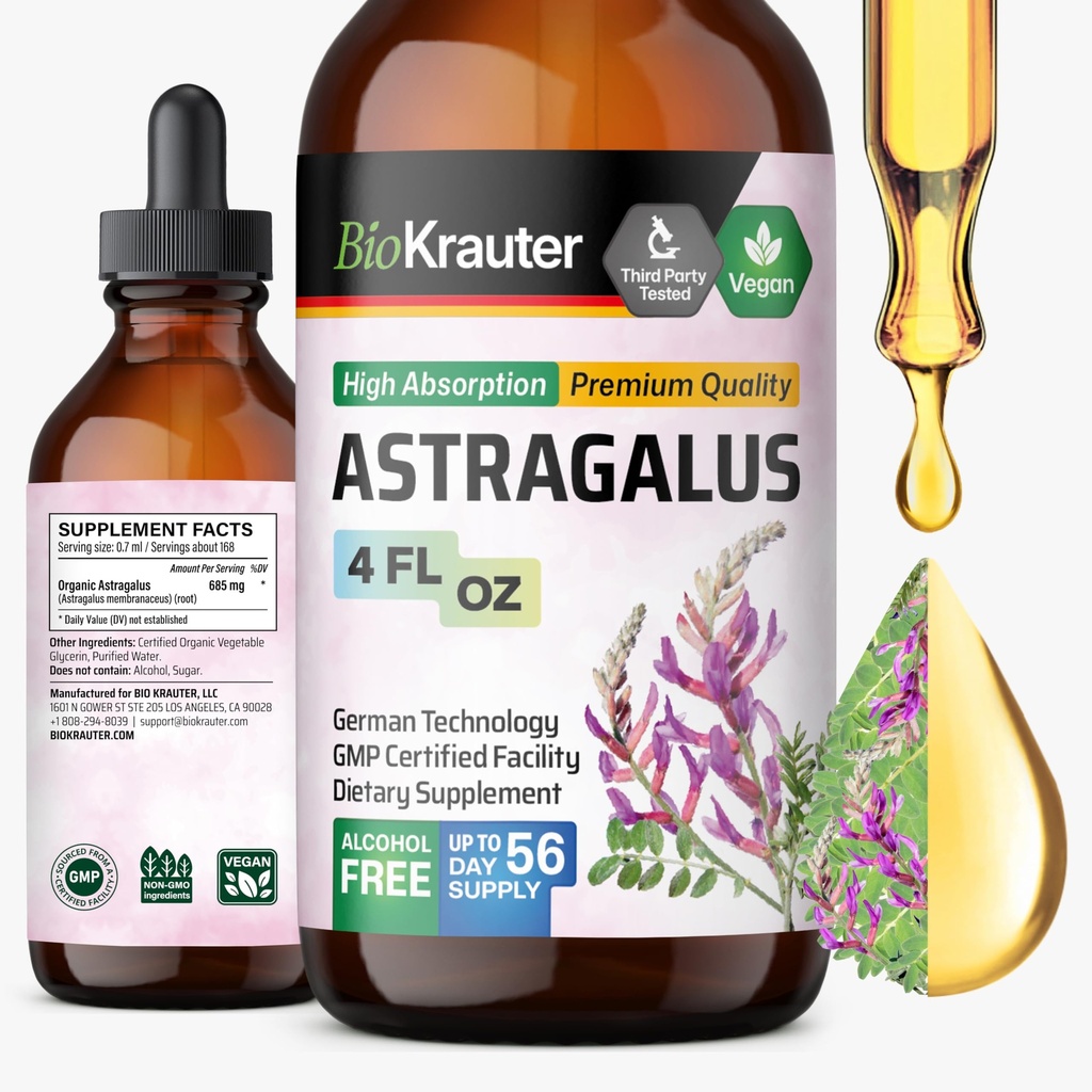 BIO KRAUTER Astragalus Tincture - Astragalus Root Extract for Immune Support - Alkohol und Zuckerfrei - Hohe Absorption - Vegan Drops 4 Fl.Oz.