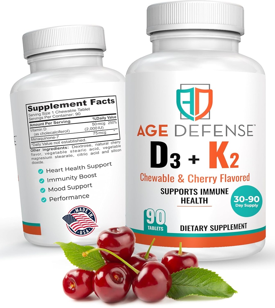 Vitamine D3 2000 UI avec K2-90 Comprimés à croquer avec cerise aromatisant-propulseur d'énergie naturelle-supporte la vitalité, la santé immunitaire, et le bien-être global-vitamine D3 avec vitamine K2 pour les hommes et les femmes