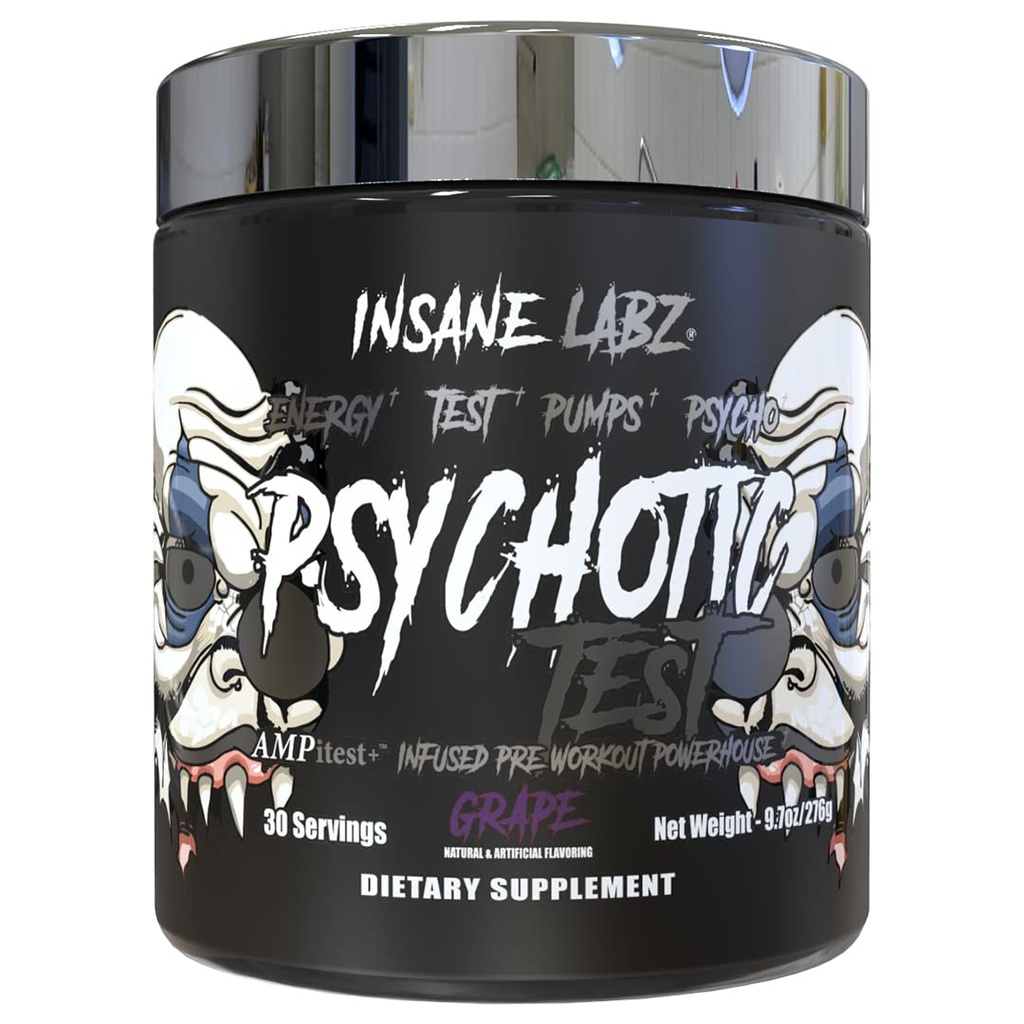 Insane Labz Psychotic Test, High Stim Testosteron Energie und Pump Boosting Pre-Workout Pulver mit DMAE Bitartrate, D Aspartic Acid, Kreatin HCL und Glycerol Monostearat, 30 Portionen, Trauben