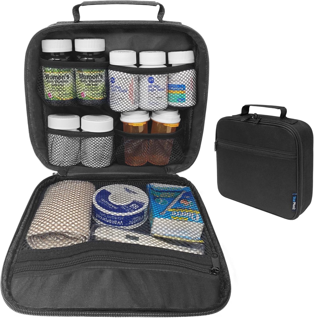 Organisateur de bouteilles de pilules de voyage moyen, sac de médecine, porte-médicaments et fournitures médicales - Noir (Sans serrure)