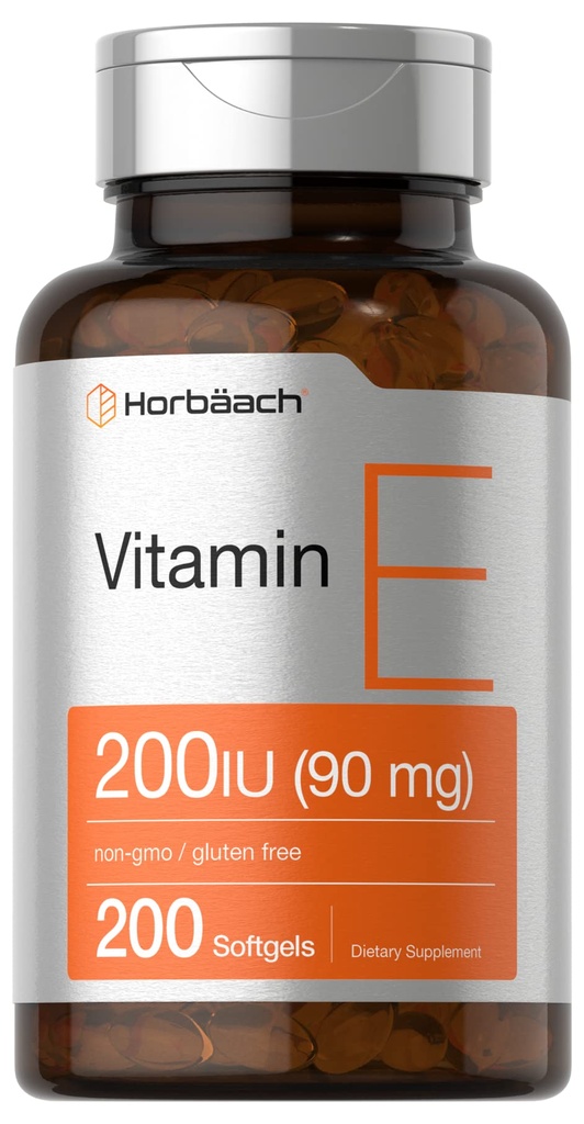 Horbäach Vitamine E Softgel Capsules 200 UI 90 mg Supplément 200 Count.