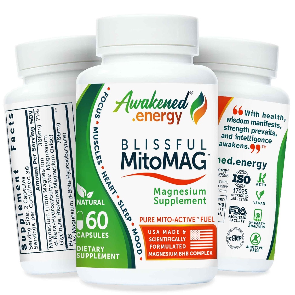 MitoMag – 300mg Complexe de magnésium élémentaire: Mg Glycinate, Mg BHB - Muscles du sommeil Mood Énergie Cognitive Focus Calme – Tous naturels, fabriqués aux États-Unis, Pas d'additifs – Supplément de 60 capsules véganes