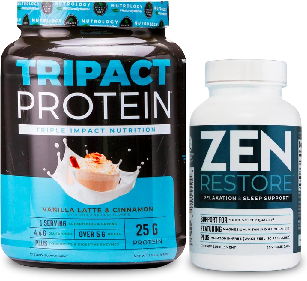 Nutrologie TRIPACT Poudre de protéines, 7-en-1 substitut de repas Shake, Vanilla Latte Cinnamon Saveur (20 portions) Supplément de magnésium naturel Zen (30 portions)