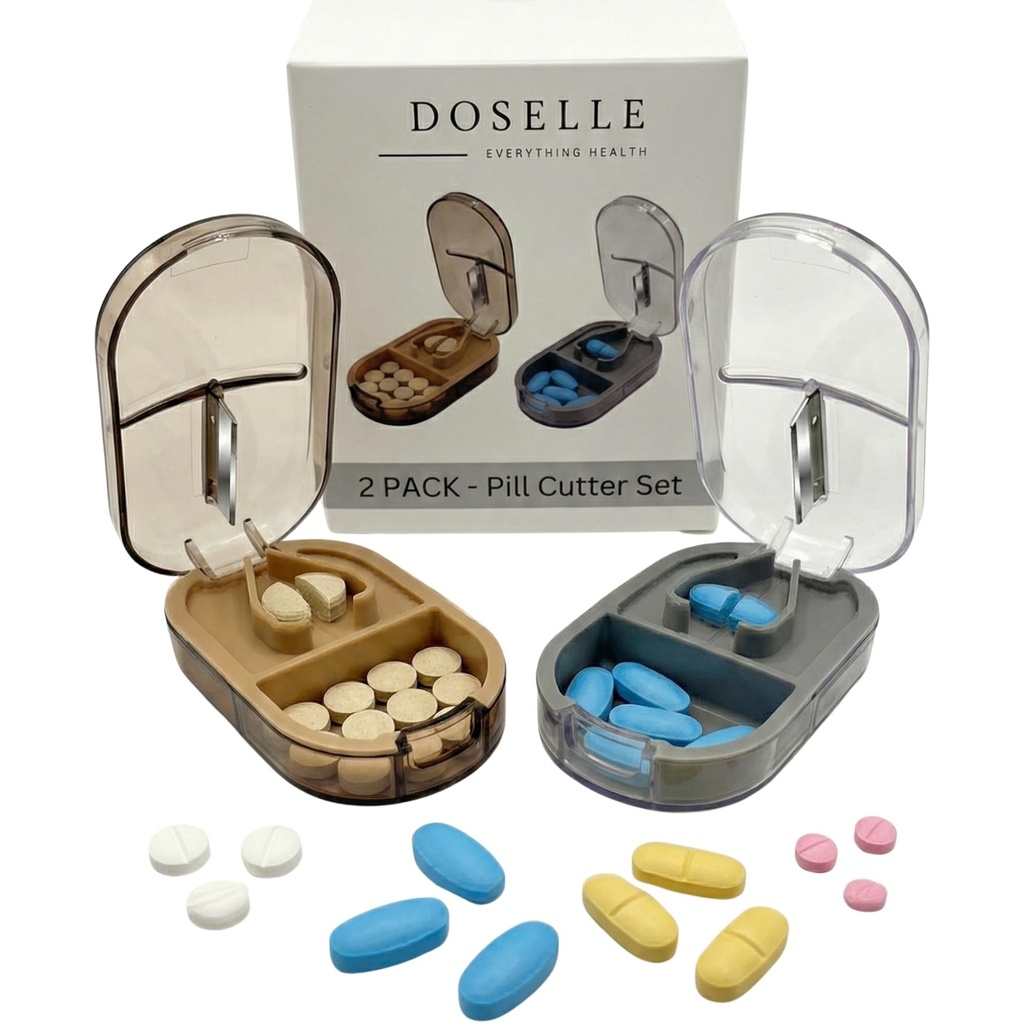 2PCS - Spalatore Cutter Pill con Mini Pill Box – Cutter per Pillole per Piccole o Grandi Pillole Professional – Spalatore a Pillola a 4 vie 1/4 - Spalatore Pillola con dispositivo di centraggio – Grigio & Brown