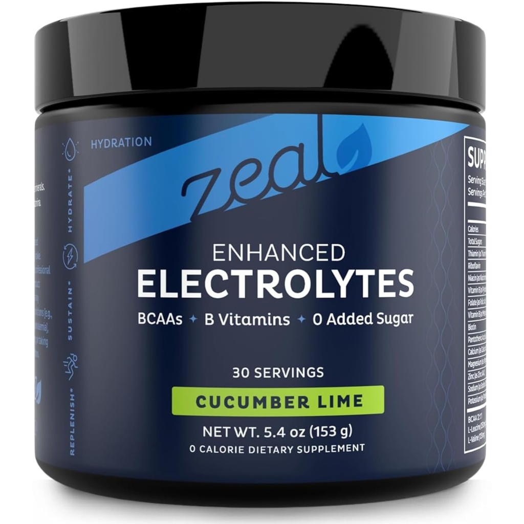 Zeal Electrolyte Powder Recovery Drink (30 Servierungen |Cucumber Lime) w 0 Zucker +BCAAs +B-Vitamine Elektrolytergänzung mit Kalium Zink & Magnesium