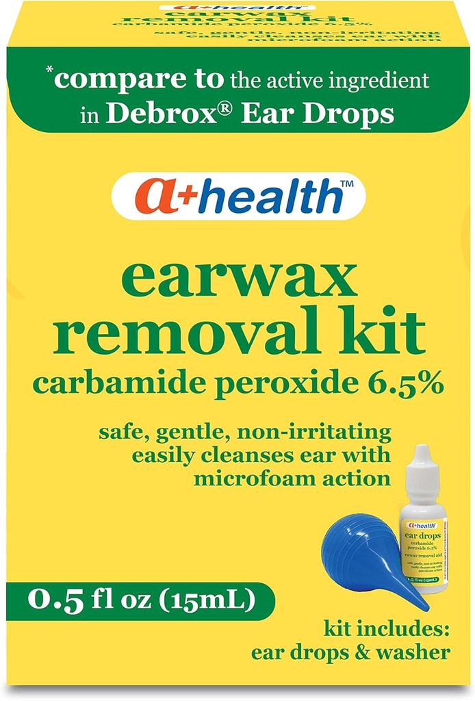 A+Health Earwax Removal Kit, carbure de peroxyde 6,5%, Fabriqué aux États-Unis, gouttes et seringue d'ampoule d'oreille, 0.5 Onces