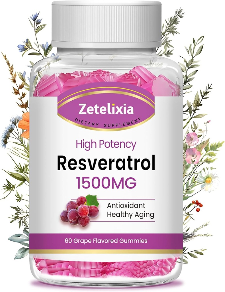 Gummie di resveratrolo senza zucchero - Supplemento di resveratrolo ad alta purezza per l'invecchiamento antiossidante, sano, pelle, cervello, organico - 60 Gummies