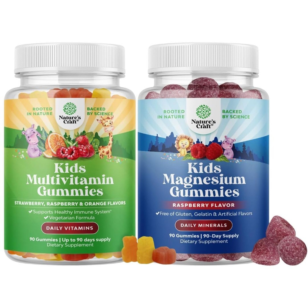 Bundle of Kids Multivitamin Gummis für Immunität Unterstützung mit Vitaminen A C D3 E B und Zink und Kinder Magnesium Gummis - Beruhigen Sie sich entspannende Mag Citrate mit Himbeer Flavor für Nerve & Heart Health