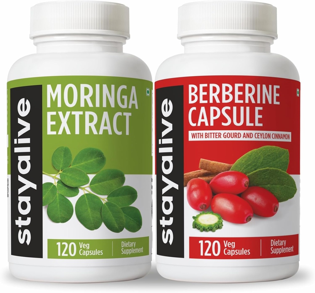 STAY ALIVE Moringa und Berberine Bundle mit Ceylon Cinnamon und Bitter Gourd Extract, 240 Vegan Pillen, Non-GMO & Gluten Free Berberine HCL Supplement