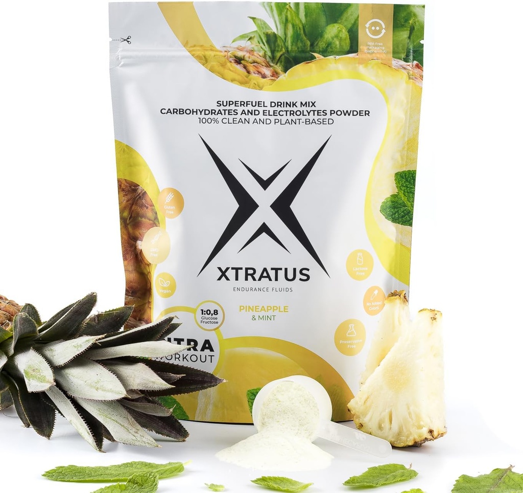 Ananas et menthe - Supplément d'entraînement intra avec des glucides et des électrolytes. Mélange de boisson de carburant super. 1:0,8 (Glucose:Fructose). Véritable fruit, végétalien - 35,27 Oz.