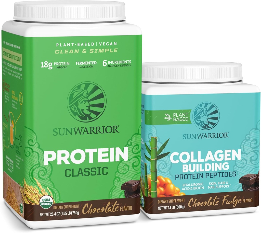 Sunwarrior Classic Vegan Protein Powder | Plant-Based 30 Servings, Chocolate & Collagen costruzione polvere acido ialuronico | 20 Servings, cioccolato aromatizzato