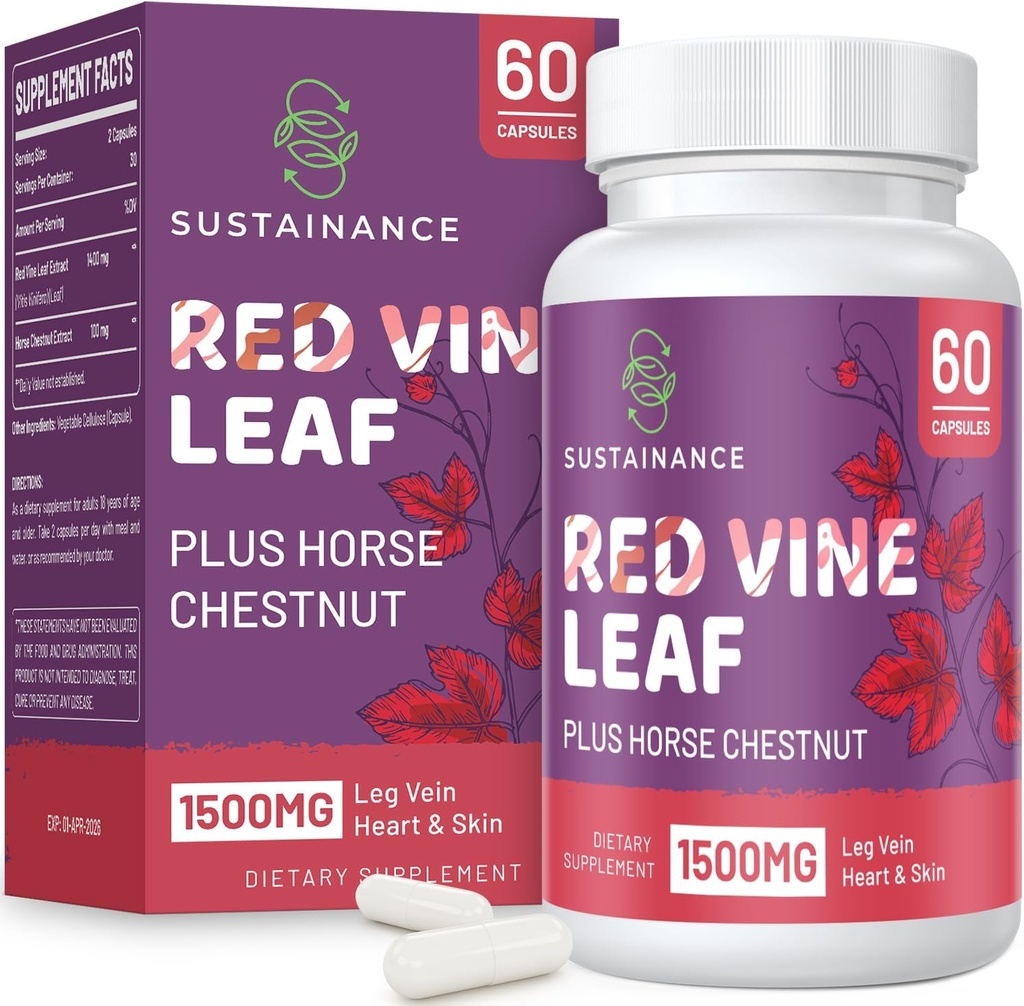 Estratto di foglie di vina rossa 1400mg & Chestnut Extract 100mg Dieta di supplemento per gamba, vena, circolazione, cuore, pelle (60 capsule)