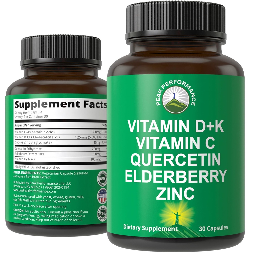 Supplément de soutien immunitaire avec 6 ingrédients top. Vitamine D3 K2 + Vitamine C + Elderberry + Zinc + Quercetine. Comprend 5000 UI de vitamine D. Zinc 15mg. Suppléments pour les femmes et les hommes