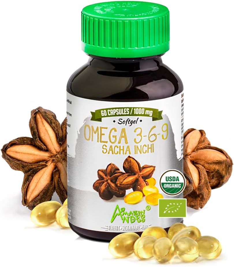 Andes Sacha Inchi Capsules (Plukenetia volubilis) - Fonte di Omega 3, 6, 9 con acidi grassi essenziali - Odorless & Sustainably sourced - Supporto funzione del cervello - 60 pillole di softgel (1000mg)