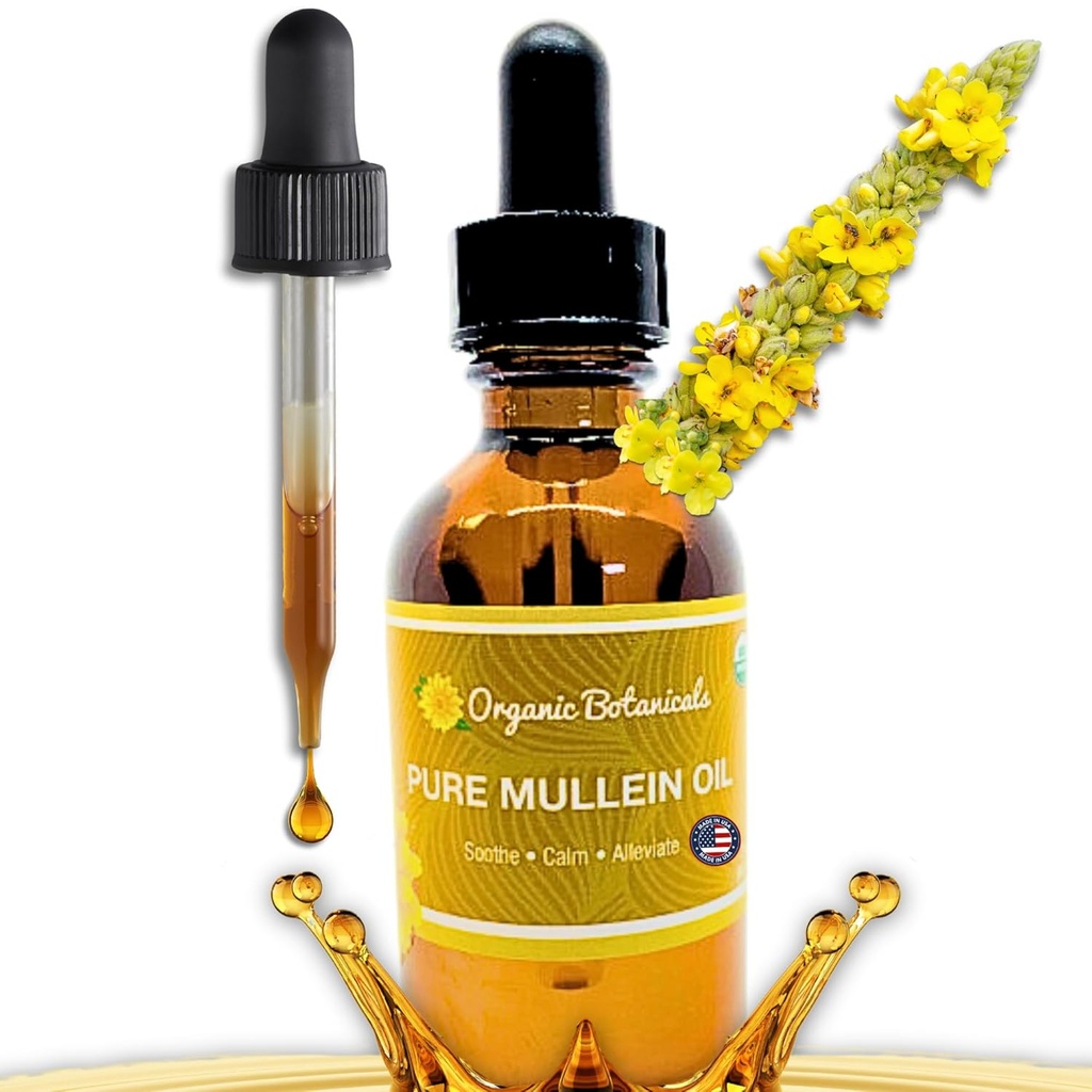 Huile de Mulléine biologique pure - Huile d'oreille de Mulléine biologique - Solution de soin de l'oreille naturelle pour les arêtes, les acouphènes et les enfants - Extrait de Mulléine d'herbe liquide pour soulager (2 oz)