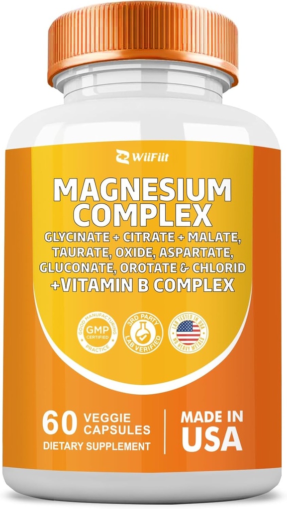 Supplément complexe de magnésium, Clycinate 141mg Oxyde 228mg Malate 58,5mg Citrate 62.4mg avec Orotate Glycina Taurate Chlorure Aspartate Gluconate Vitamine B, Suppléments minéraux 60 Capsules