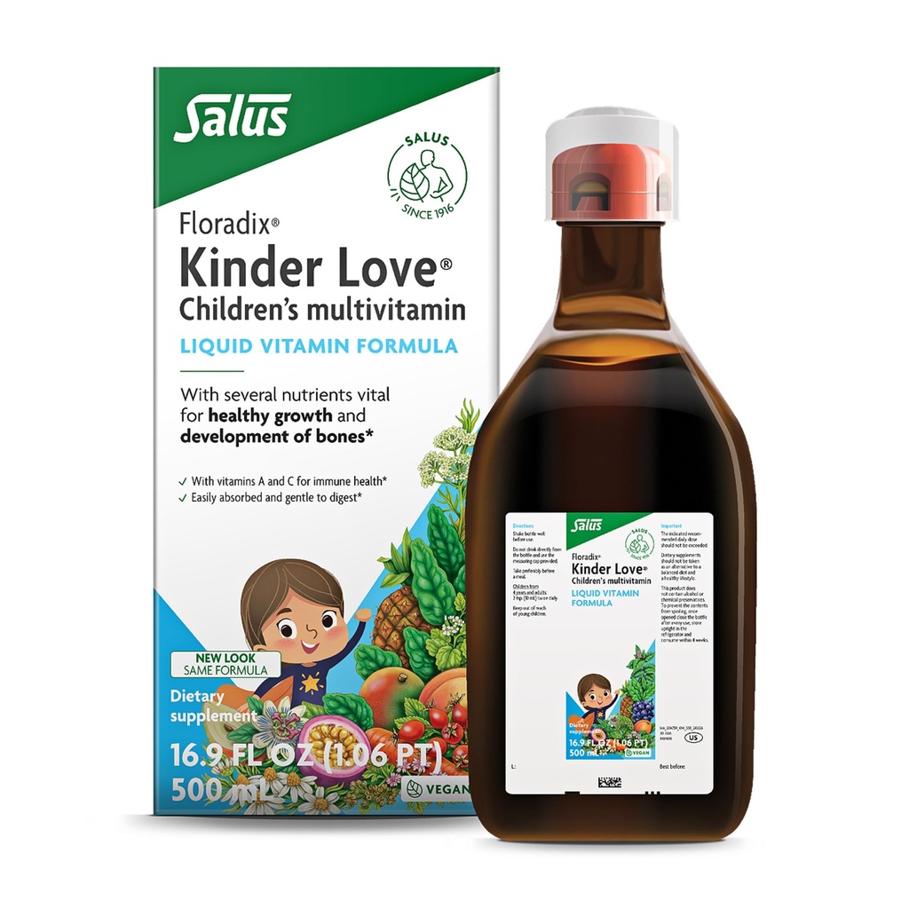 Floradix Kinder Love Multivitamine pour enfants - Supplément à base de plantes - Multivitamine liquide pour enfants - Vitamines A, C, D & E, Calcium et plus - Végétarien, Non-OGM, Sans gluten - 16,9 fl oz